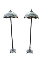 Pair of Art Nouveau Tiffany Style standard lamps with leaded flora design shades. 160cm in Height by