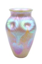 Louis Comfort Tiffany style glass vase with ground pontil to base. 23cm in Height