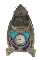 Late 19thC Vienna secessionist style mantel clock with ceramic two tone case under figural bronze