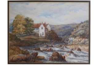 Nineteenth century watercolour of a manor house in rural valley next to raging river, most likely in