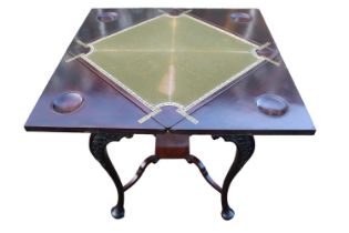 Late 19thC Mahogany Envelope Games table with inset baize shaped top over single drawer with