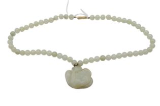Fine Chinese Celadon Jade oval Gourd necklace mounted on Celadon Jade beaded necklace. Pendant 4cm