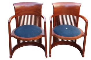 Frank Lloyd Wright (1867 - 1959) Pair of Cherry Wood upholstered Barrel Chairs or Taliesin Barrel