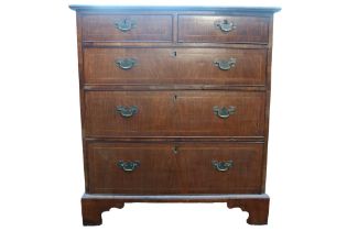 19thC Walnut fronted Chest of 2 over 3 drawers with inlaid cross banding over bracket feet. 95cm