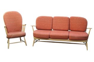 1970s Ercol Blonde Elm Stickback Windsor 3 seater sofa and Elbow chair - with removable cushions.