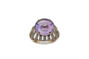 Unusual design Lehrer 9ct Gold Amethyst & Diamond Cocktail ring Size O. 5.3g total weight