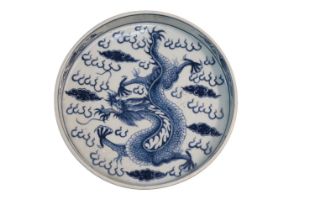 Chinese Blue & White porcelain Qing Dynasty rimmed bowl/dish decorated with 5 Toe Dragon amongst