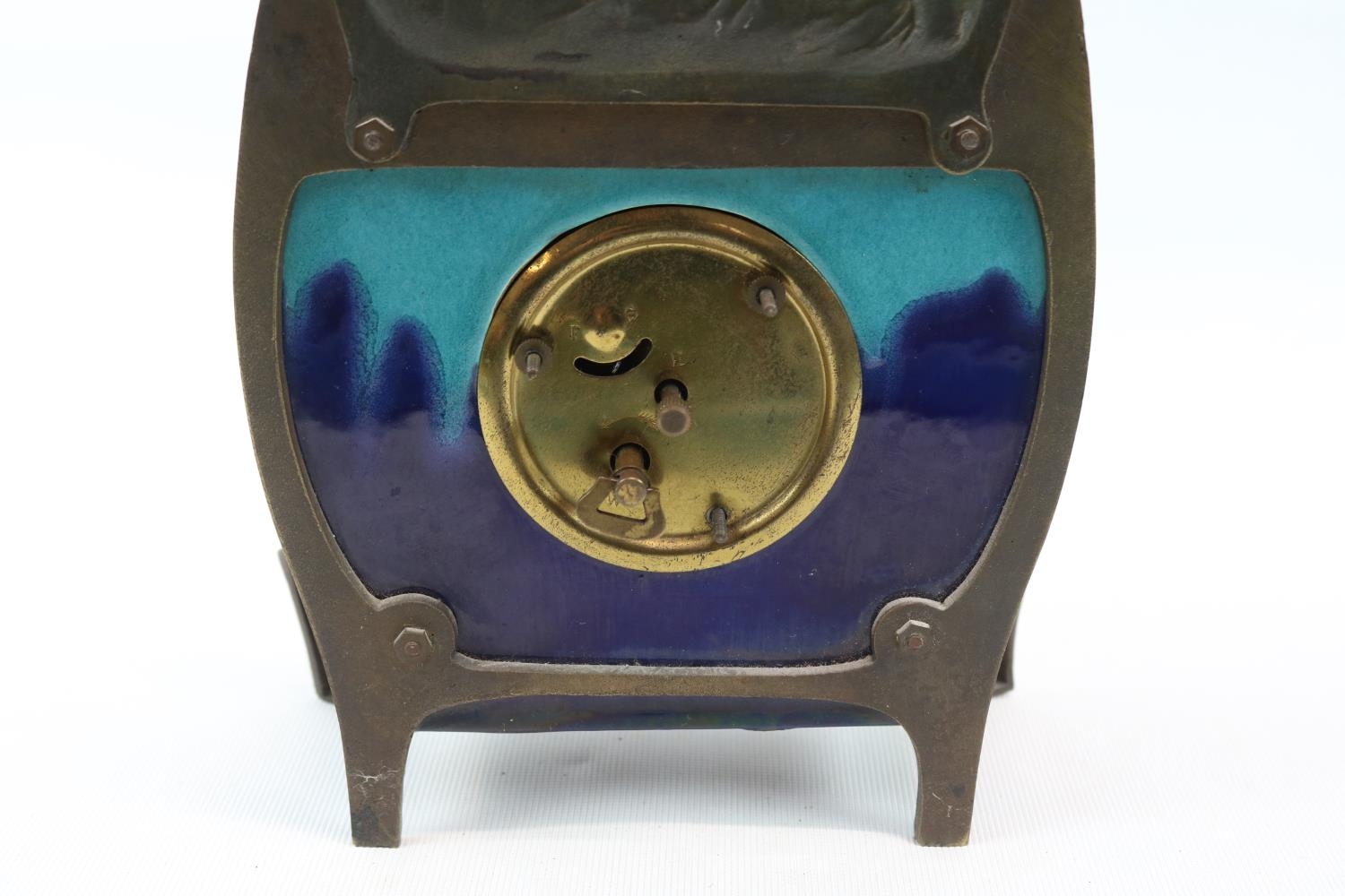 Late 19thC Vienna secessionist style mantel clock with ceramic two tone case under figural bronze - Image 4 of 5