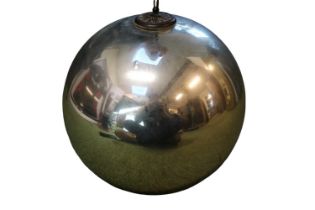 Large Silver mirrored witches ball, with metal rosette and chain suspension, approximately 24cm in