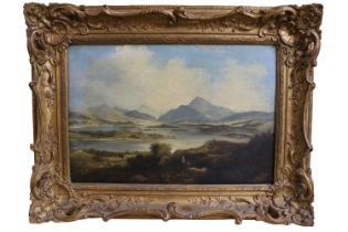 Eighteenth Century Oil on canvas depicting Loch Ness with highlanders in berets to foreground,