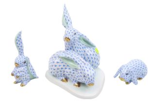 Collection of Herand of Hungary Rabbits in blue with gilt detail. Group of 2 on white base and 2