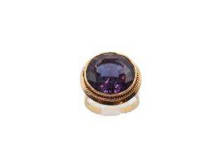 Large Circular Facetted Sapphire Cocktail ring on 18ct Gold mount and shank. Size N. 9.5g weight