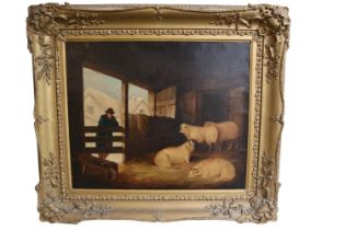 18thC Oil on canvas depicting Shepherd standing by Barn with Sheep to foreground in Barn. 59 x