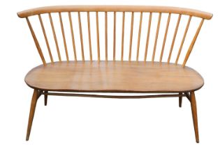 Ercol Blonde Elm Love seat bench model 450 with original light Blue label applied 112cm in Length