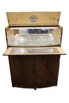 Walnut 1950s art deco style drinks cabinet bar with mirrored glass fitted interior and acessories.