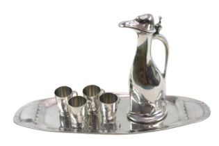 Kayserzinn Art Deco Polished Pewter duck shaped Liquor set with 4 tot glasses on tray with impressed