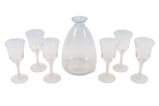 Simple Design Lalique open topped Carafe and a set of 6 glasses, engraved Lalique France. 19cm and