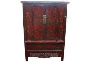 Antique Chinese Chinoiserie Lacquered Armoire Shanxi type decorated with Temple scenes with