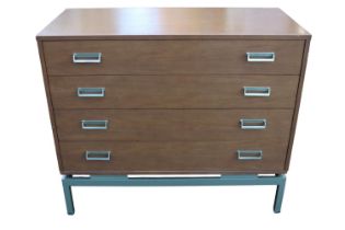 G Plan Limba Chest of 5 drawers designed by Leslie G Dandy on floating metal base. 92cm in Length by