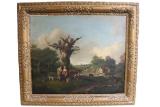 18thC Style Oil on canvas depicting a figural group in rural setting in the style of Gainsborough.