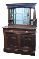 Oak Art Nouveau Mirror backed Dresser with bevel edged mirror over Hammered copper drop handles