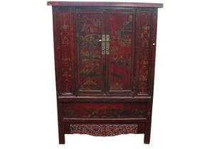 Antique Chinese Chinoiserie Lacquered Armoire Shanxi type decorated with Temple scenes with