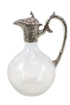 Dutch Silver handled Claret Jug with etched glass base Acanthus curved handle and foliate spout