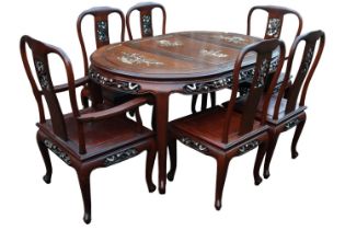 Chinese Rosewood Mother of Pearl Inlaid Dining table with a set of 6 Temple style dining chairs.
