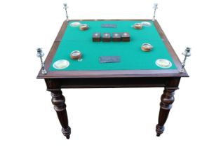 Fine Edwardian Games table with cantilever base fitted interior with screw in candlesticks, money