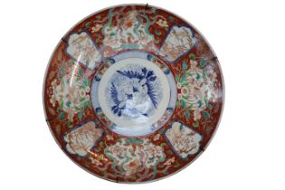 Large Late 19thC Imari Charger with central blue and white decoration with Prunus and bird panels,