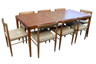 Bramin Henry Klein Danish Teak Dining table with rounded inlaid corners and a set of Eight corded