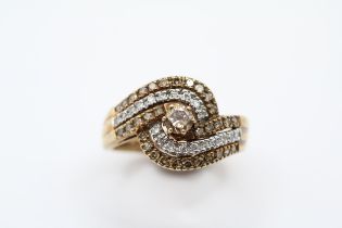 Large 9ct Gold 1ct worth of Champagne and White Diamond set cocktail ring Size R. 5.1g total weight