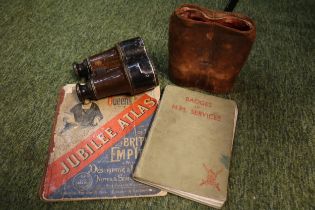 Pair of Cased Edwardian Binoculars Badges of H M Services and the Queens Jubilee Atlas