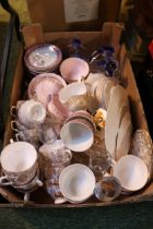 Tray of assorted Ceramics to include Royal Vale, Colclough gilded part Tea Set