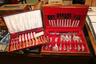 Cased set of Cooper Bros & Son Ltd Horn handled Cutlery and a Wooden cased set of Cutlery