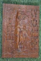 Hand Carved mouseman style wooden plaque depicting biblical scene of Moses and the ten commandments.