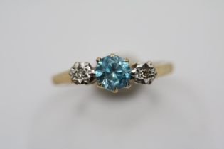 Ladies 18ct Gold Diamond and Aquamarine set 3 stone ring Size N. 2.9g total weight