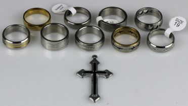 Various White Metal Rings and Cross Pendant Contained in a Wooden Box