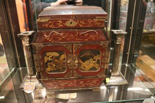 Japanese Lacquered Jewellery box and a pair of Corinthian column candlesticks