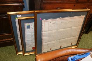 Collection of 3 19thC Indentures and Deeds with wax seals framed and mounted