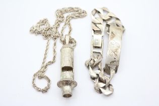 Gents Silver engraved ID Bracelet and a Silver Whistle on chain 75g total weight