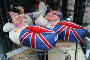 Pair of Spitting Image Union Jack Slippers of Queen Elizabeth and Prince Phillip