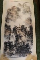 Chinese Scroll depicting wiseman with character marks. 157cm in Length