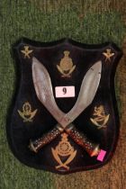 Ghurkha Regiment Shield with crossed kukri with applied brass badges 28cm