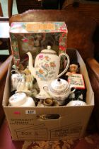 Box of assorted Ceramics and bygones to include Wedgwood, Royal Albert Beatrix Potter, Staffordshire