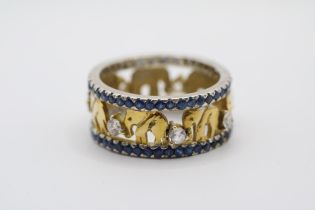 Sri Lankan Yellow and white metal Sapphire & CZ set Elephant design ring Size W. 7.8g total weight