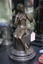 Ferdinand Preiss 1882 - 1943 Art Nouveau Bronze of Lady seated on Column holding mirror. signed to