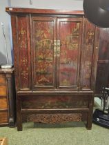 Antique Chinese Chinoiserie Lacquered Armoire Shanxi type decorated with Temple scenes with