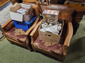 Pair of French Arts & Crafts Leather Saloon club chairs with embossed floral & Butterfly motifs to