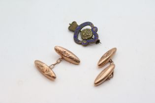 Pair of 9ct Rose Gold engraved Cufflinks and a British Legion enamelled Badge